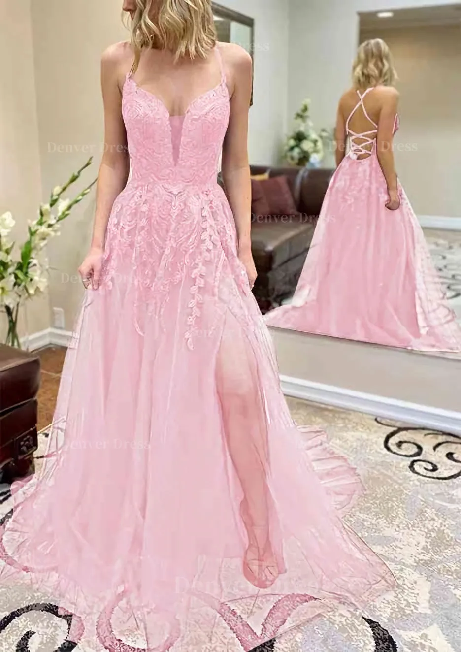 A-line V Neck Spaghetti Straps Chapel Train Tulle Prom Dress With Split Appliqued