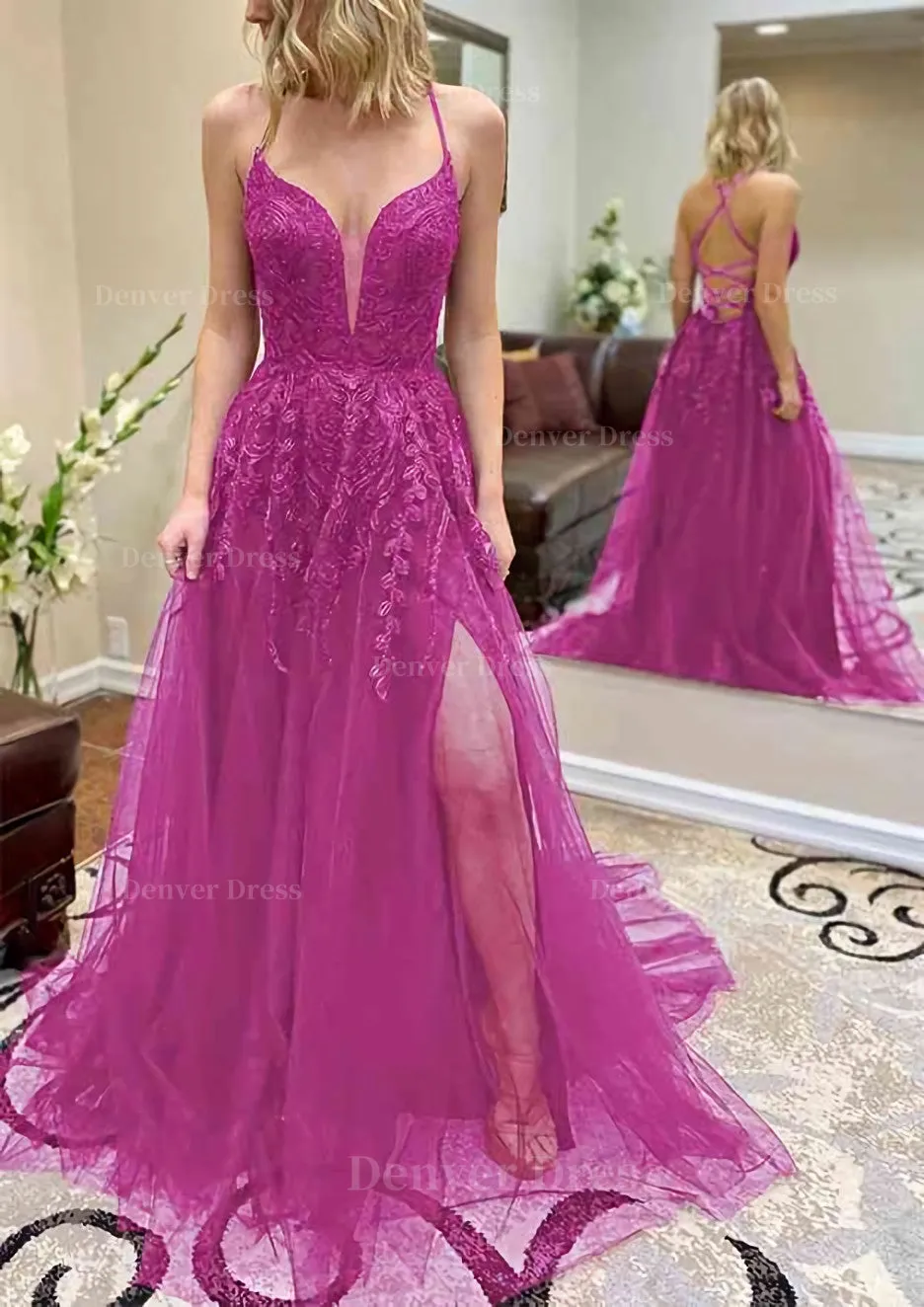 A-line V Neck Spaghetti Straps Chapel Train Tulle Prom Dress With Split Appliqued