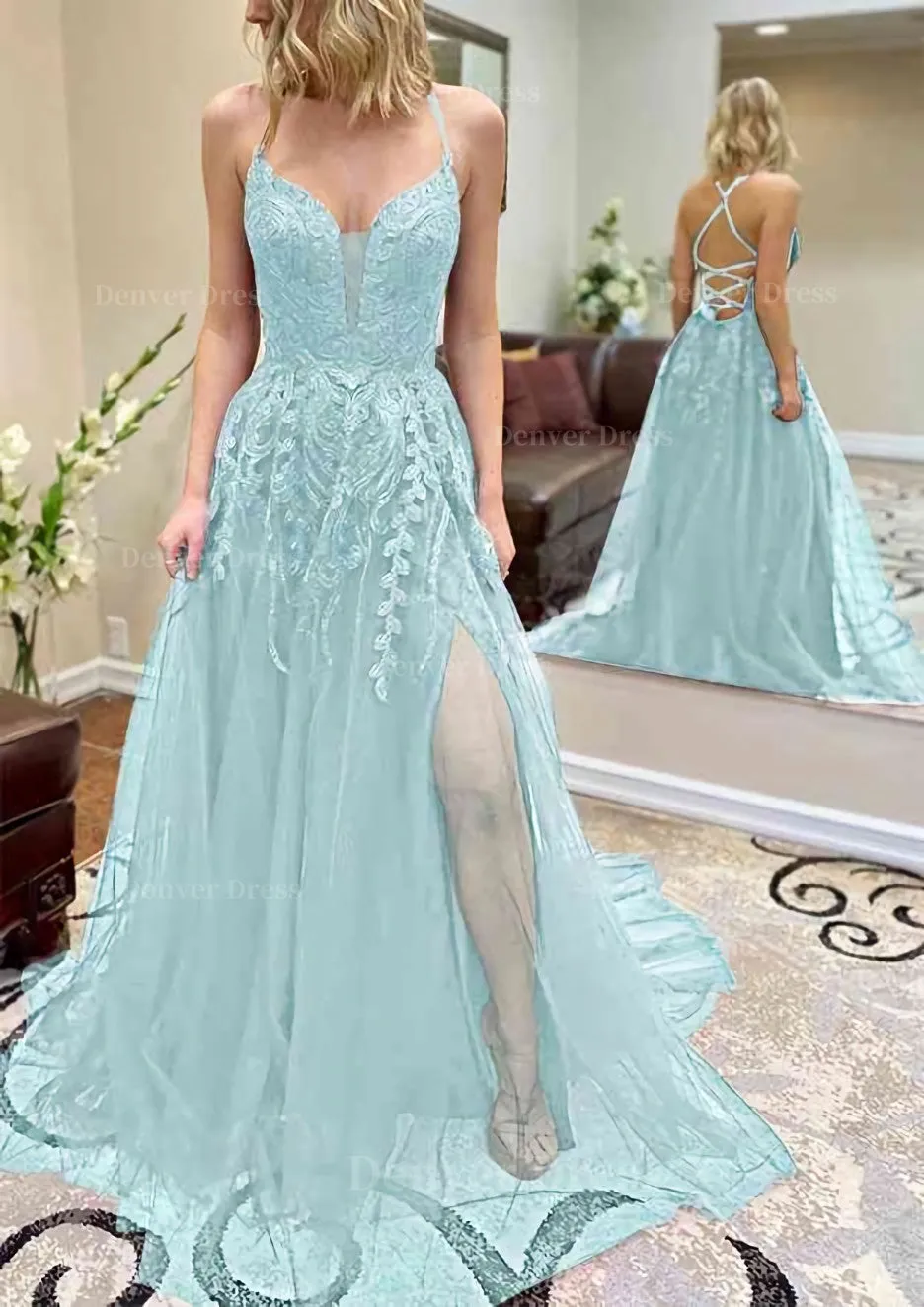 A-line V Neck Spaghetti Straps Chapel Train Tulle Prom Dress With Split Appliqued