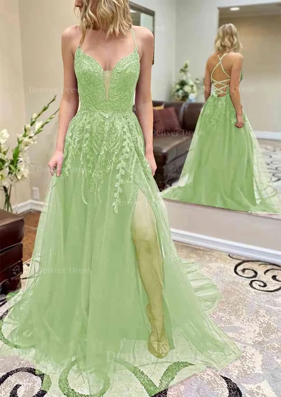 A-line V Neck Spaghetti Straps Chapel Train Tulle Prom Dress With Split Appliqued