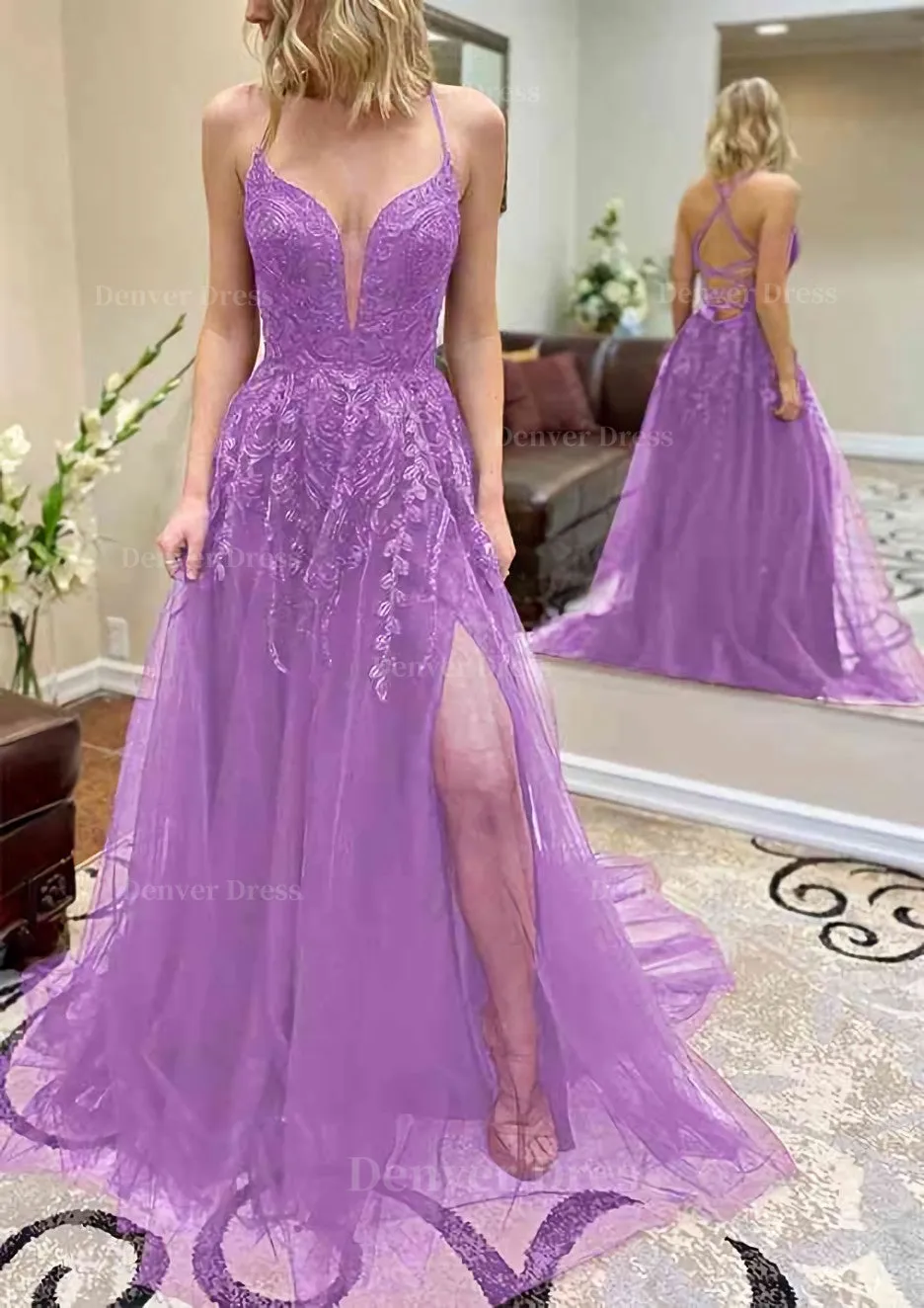 A-line V Neck Spaghetti Straps Chapel Train Tulle Prom Dress With Split Appliqued