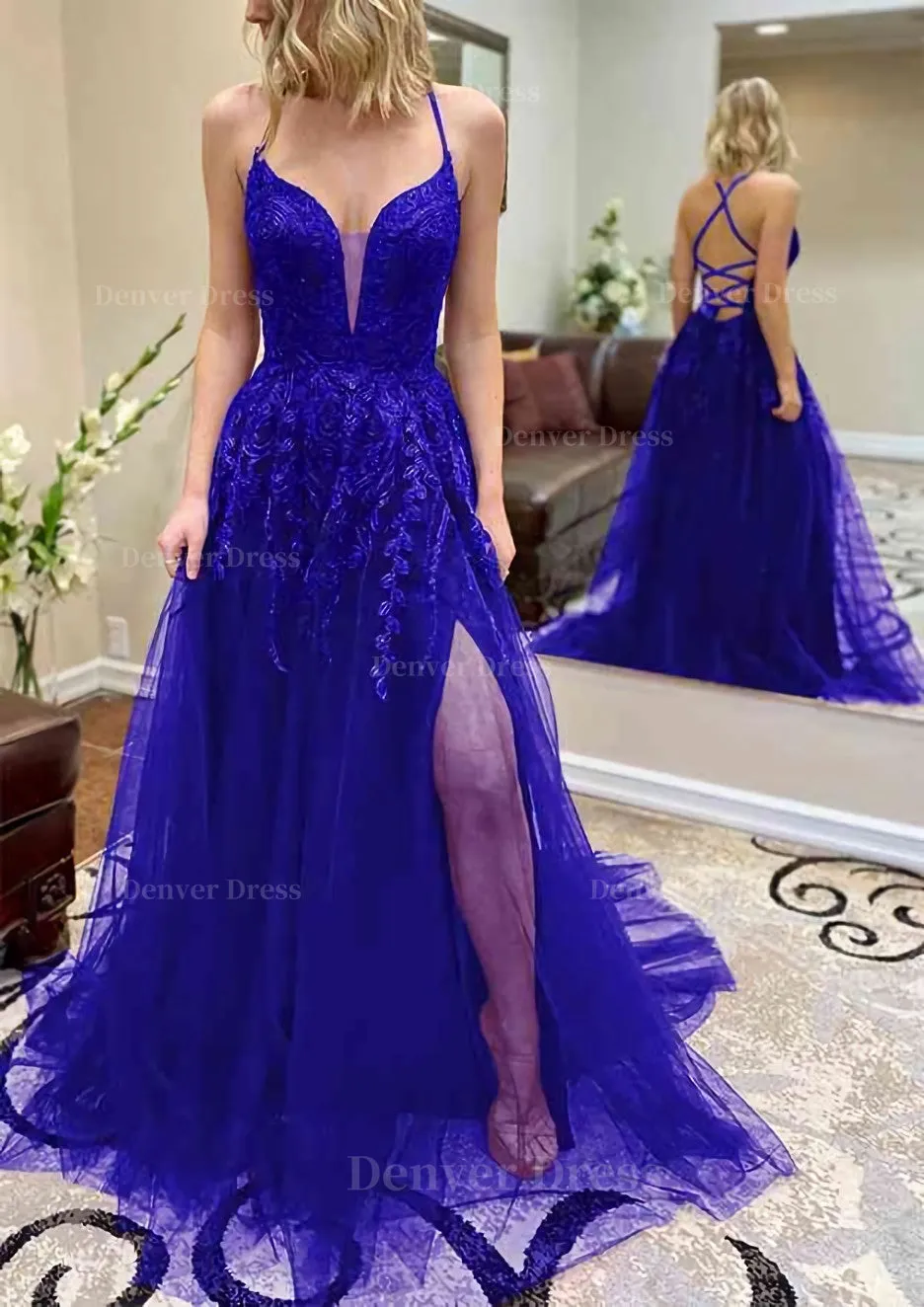 A-line V Neck Spaghetti Straps Chapel Train Tulle Prom Dress With Split Appliqued