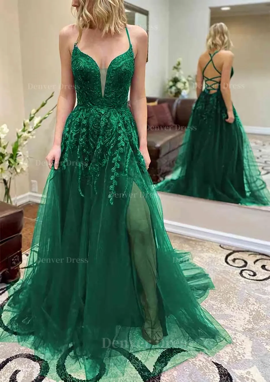 A-line V Neck Spaghetti Straps Chapel Train Tulle Prom Dress With Split Appliqued