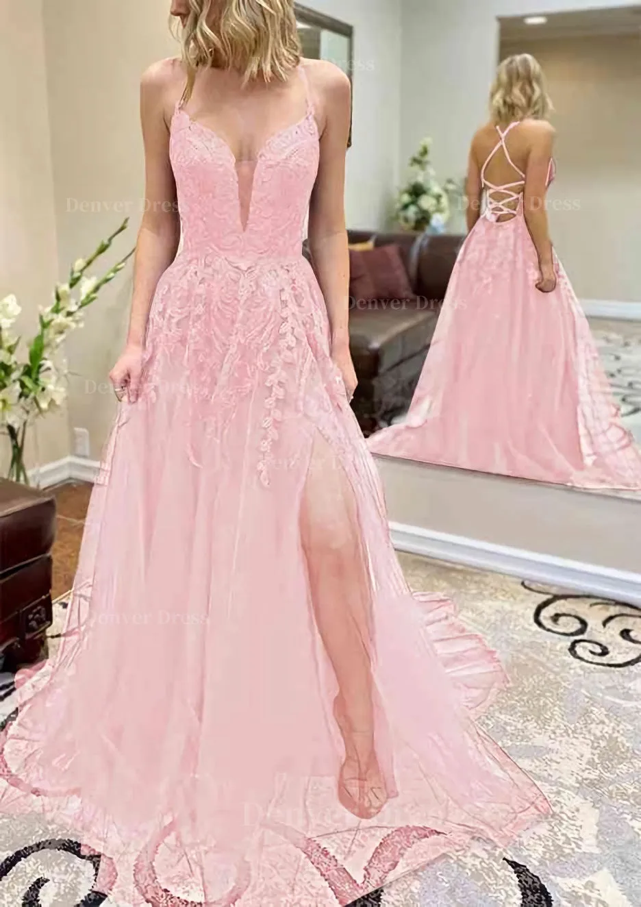 A-line V Neck Spaghetti Straps Chapel Train Tulle Prom Dress With Split Appliqued