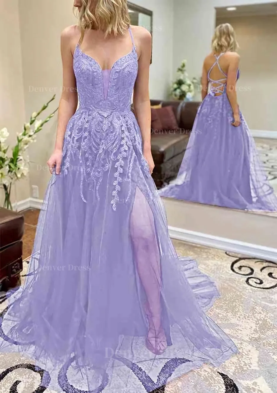 A-line V Neck Spaghetti Straps Chapel Train Tulle Prom Dress With Split Appliqued