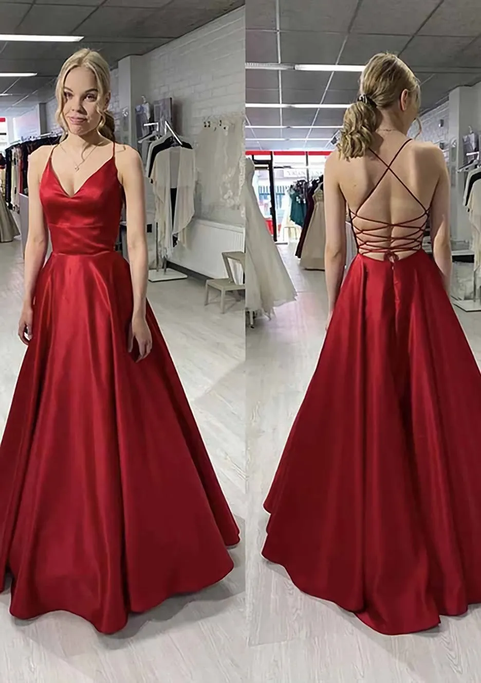 A-line/Princess V Neck Sleeveless Satin Long/Floor-Length Prom Dress