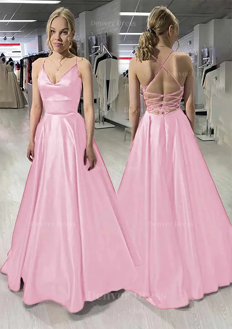 A-line/Princess V Neck Sleeveless Satin Long/Floor-Length Prom Dress