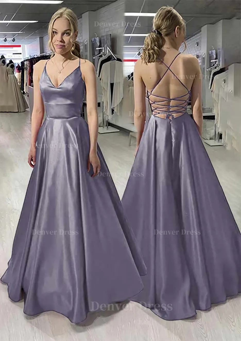 A-line/Princess V Neck Sleeveless Satin Long/Floor-Length Prom Dress