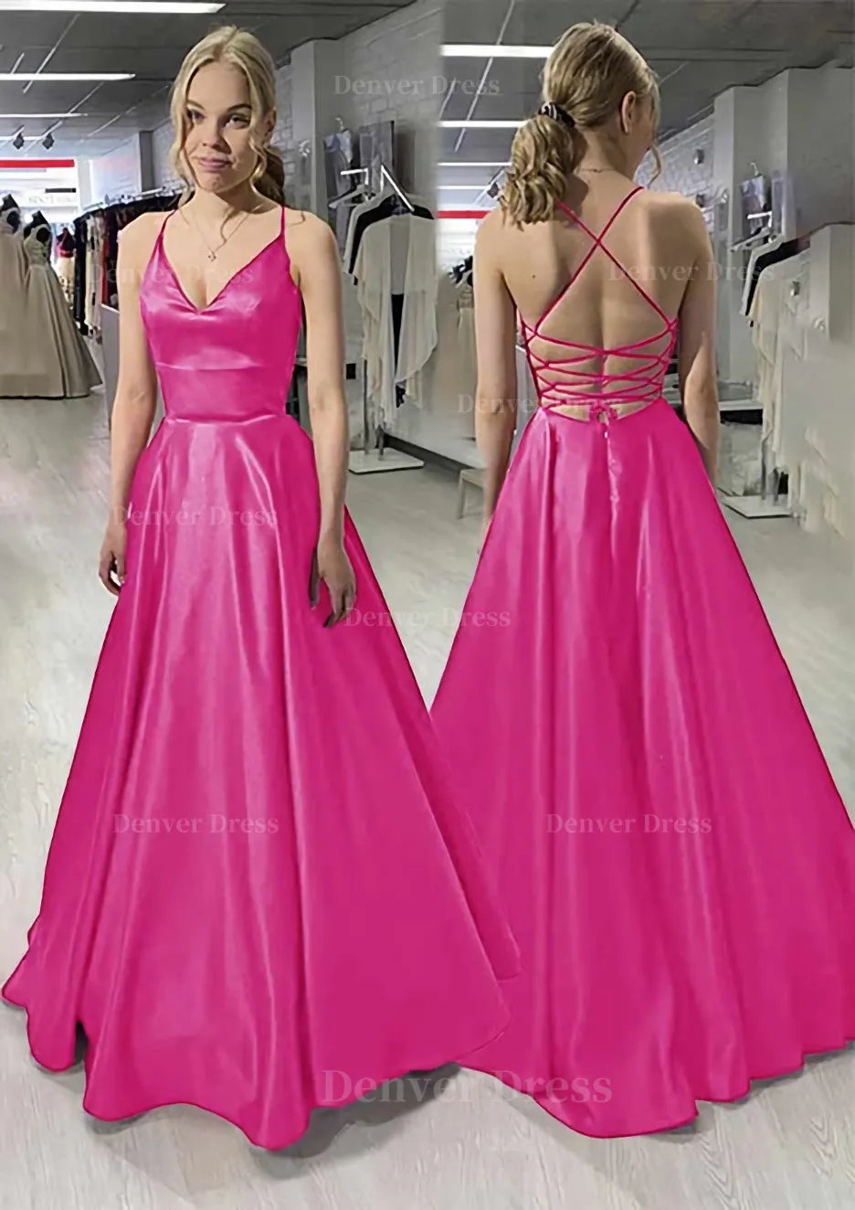 A-line/Princess V Neck Sleeveless Satin Long/Floor-Length Prom Dress