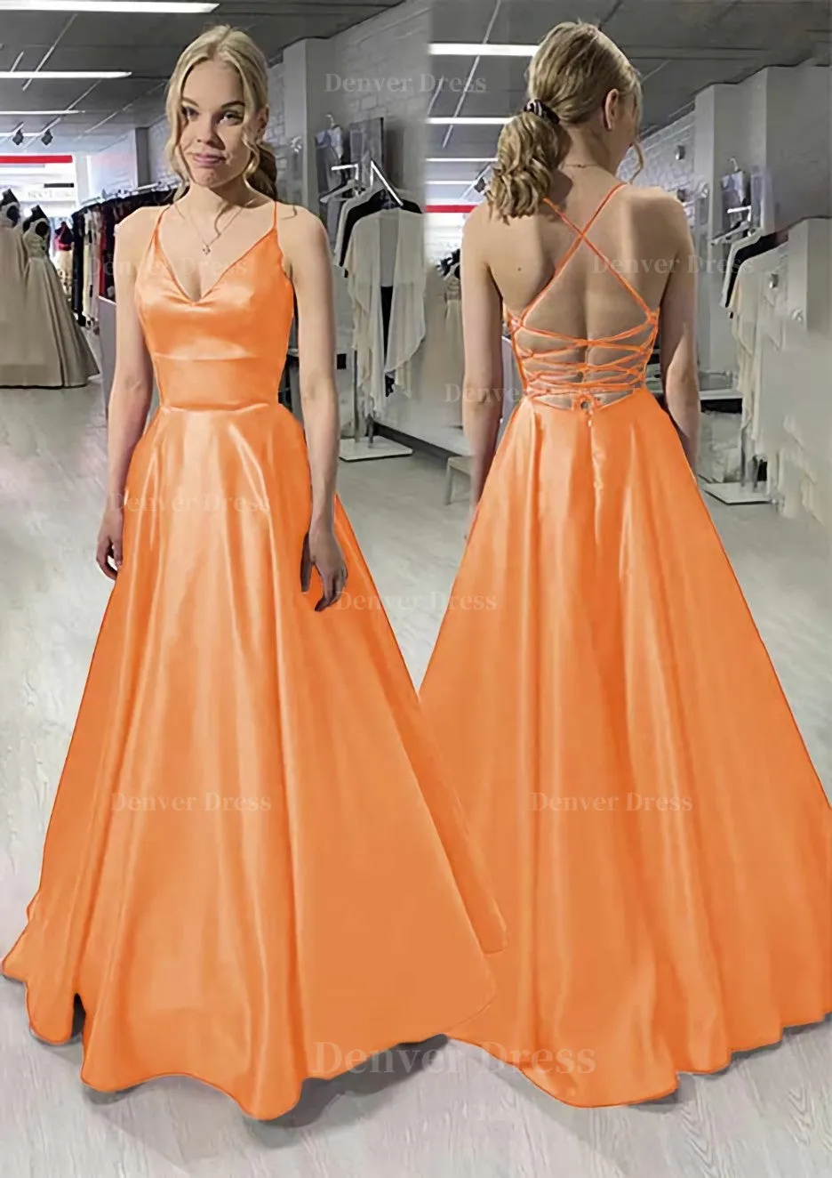 A-line/Princess V Neck Sleeveless Satin Long/Floor-Length Prom Dress