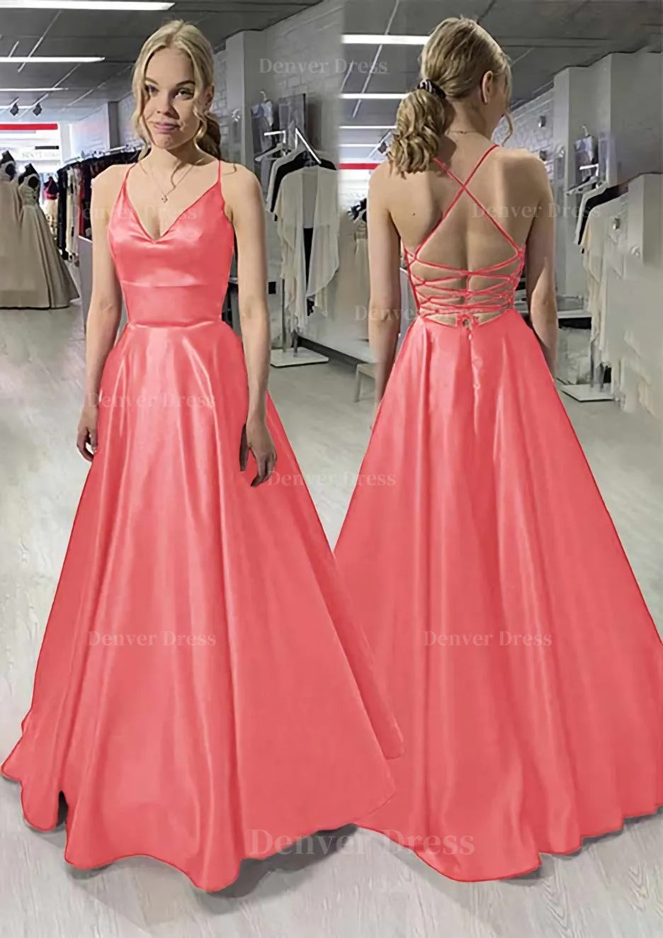 A-line/Princess V Neck Sleeveless Satin Long/Floor-Length Prom Dress