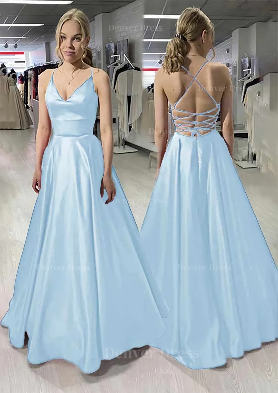 A-line/Princess V Neck Sleeveless Satin Long/Floor-Length Prom Dress