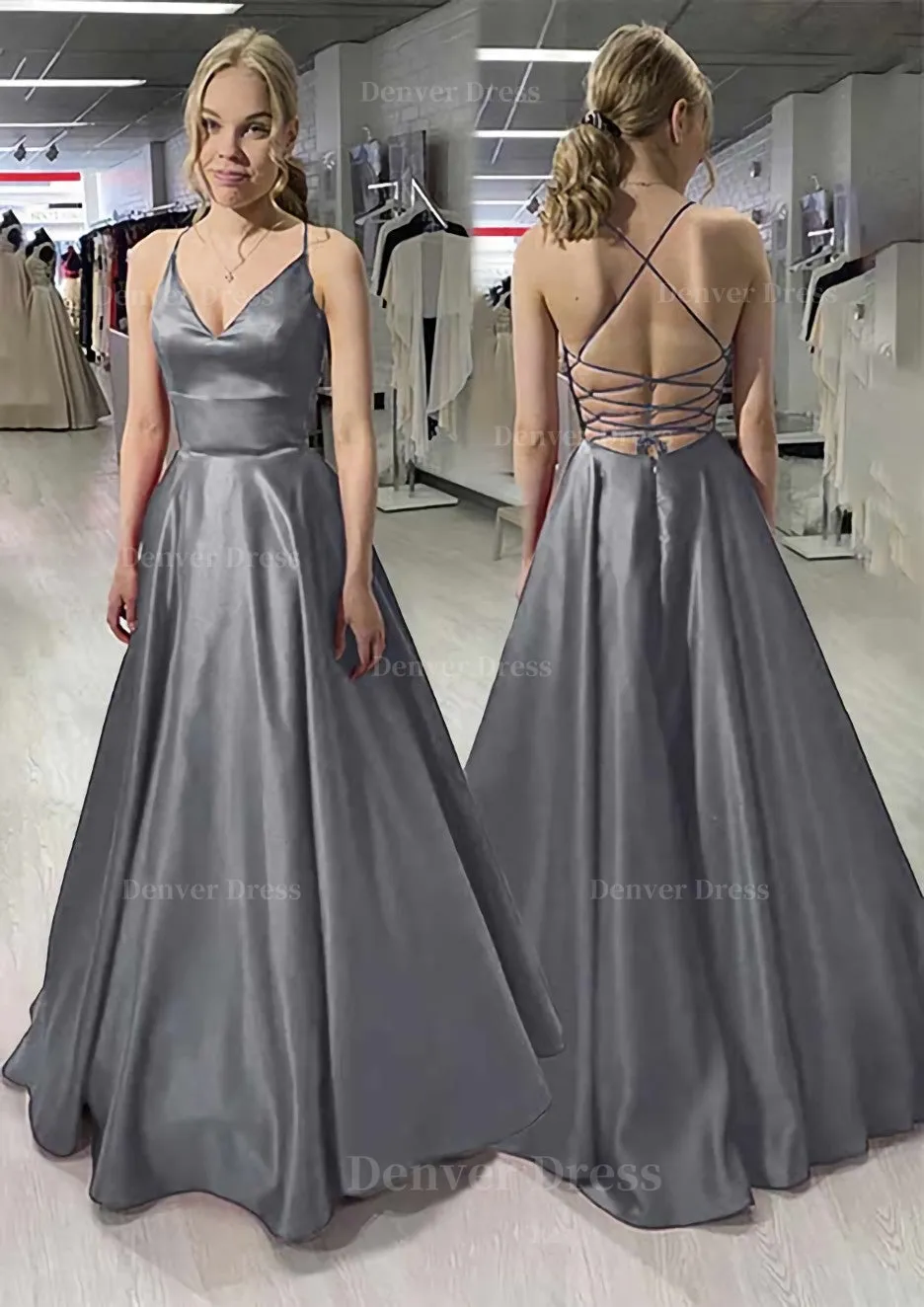 A-line/Princess V Neck Sleeveless Satin Long/Floor-Length Prom Dress