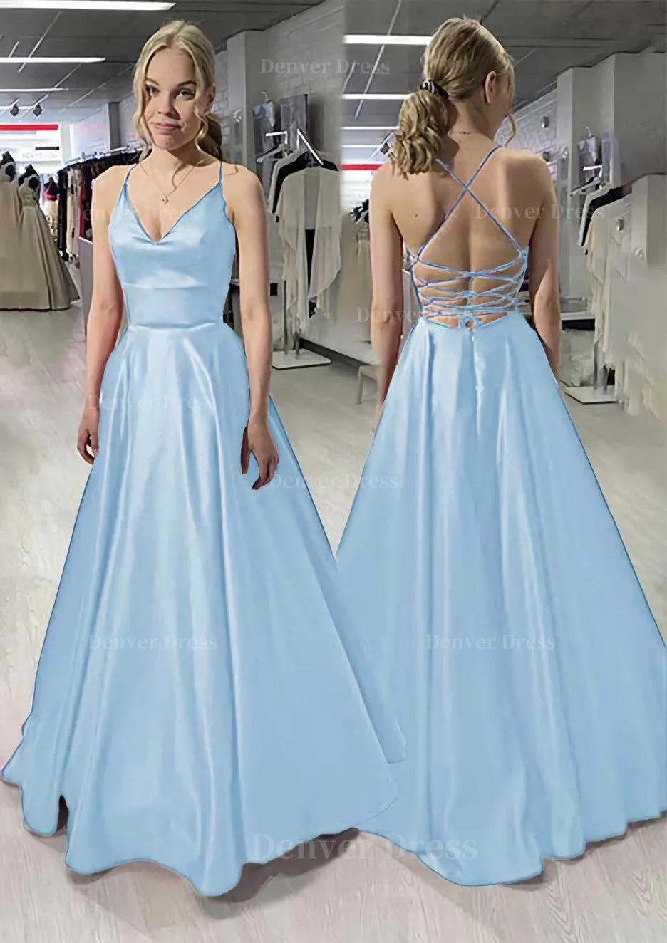 A-line/Princess V Neck Sleeveless Satin Long/Floor-Length Prom Dress