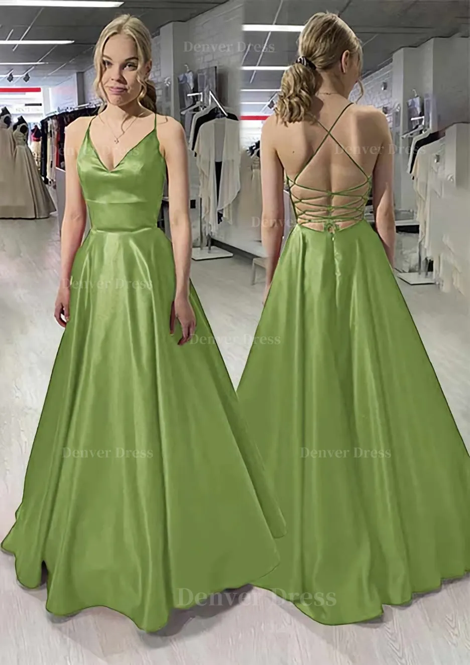 A-line/Princess V Neck Sleeveless Satin Long/Floor-Length Prom Dress