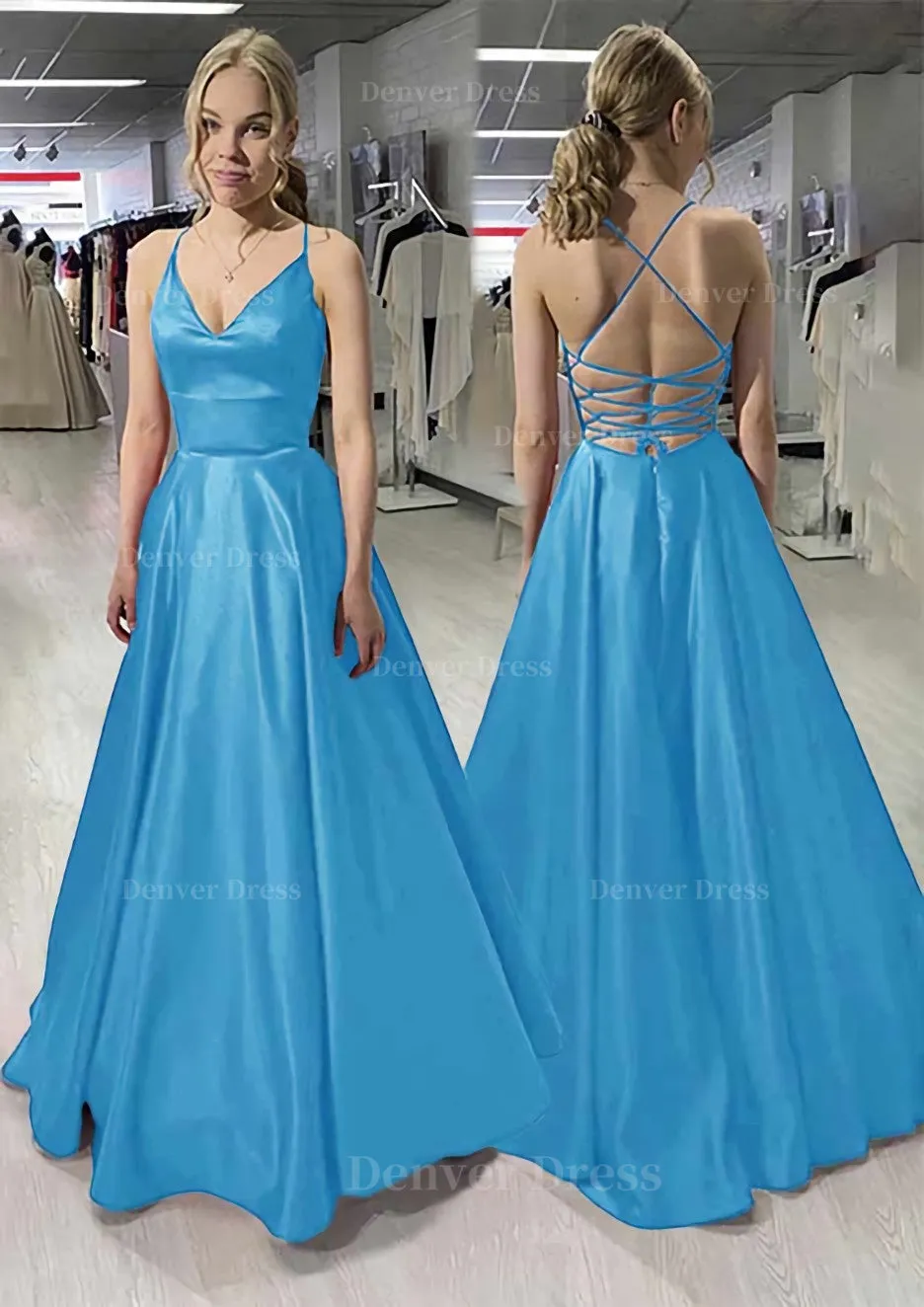 A-line/Princess V Neck Sleeveless Satin Long/Floor-Length Prom Dress