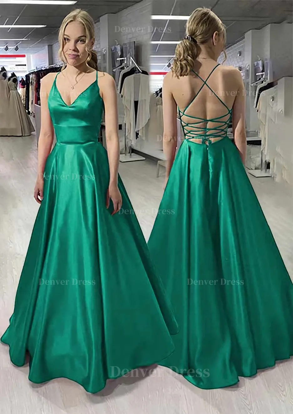 A-line/Princess V Neck Sleeveless Satin Long/Floor-Length Prom Dress