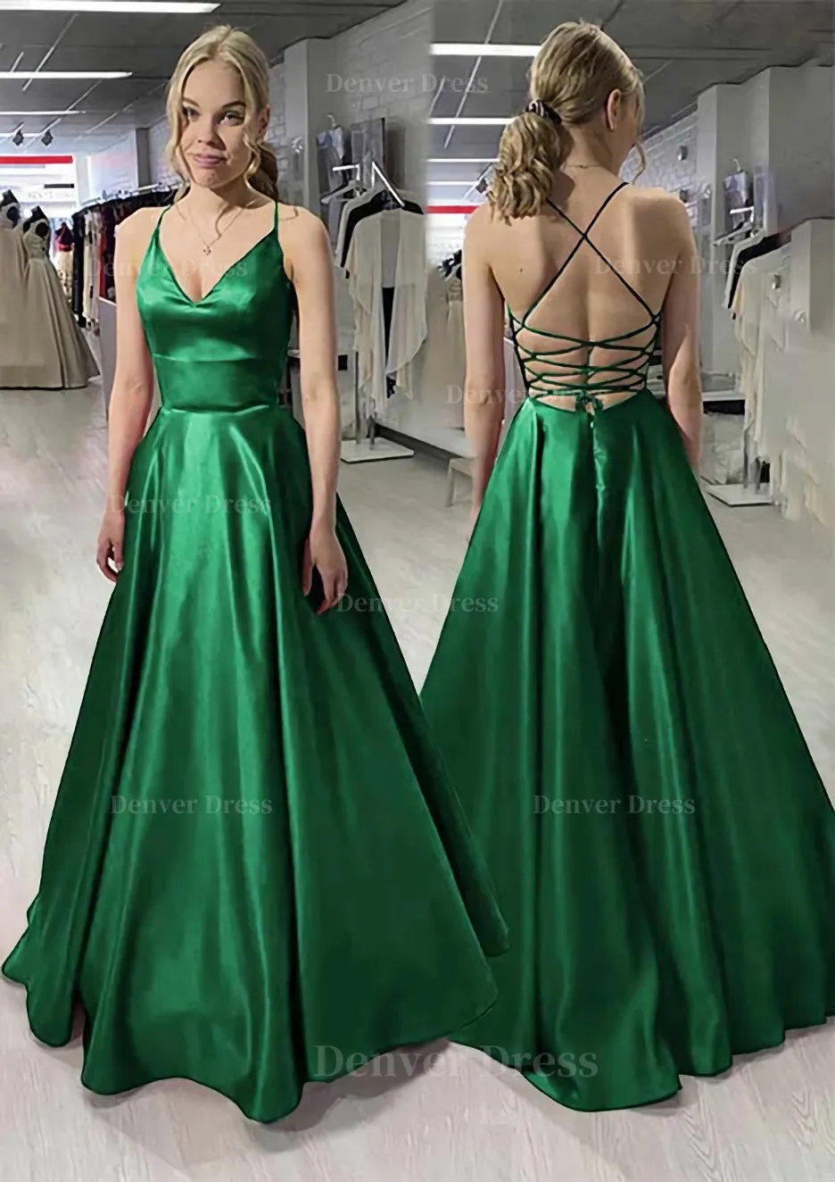 A-line/Princess V Neck Sleeveless Satin Long/Floor-Length Prom Dress