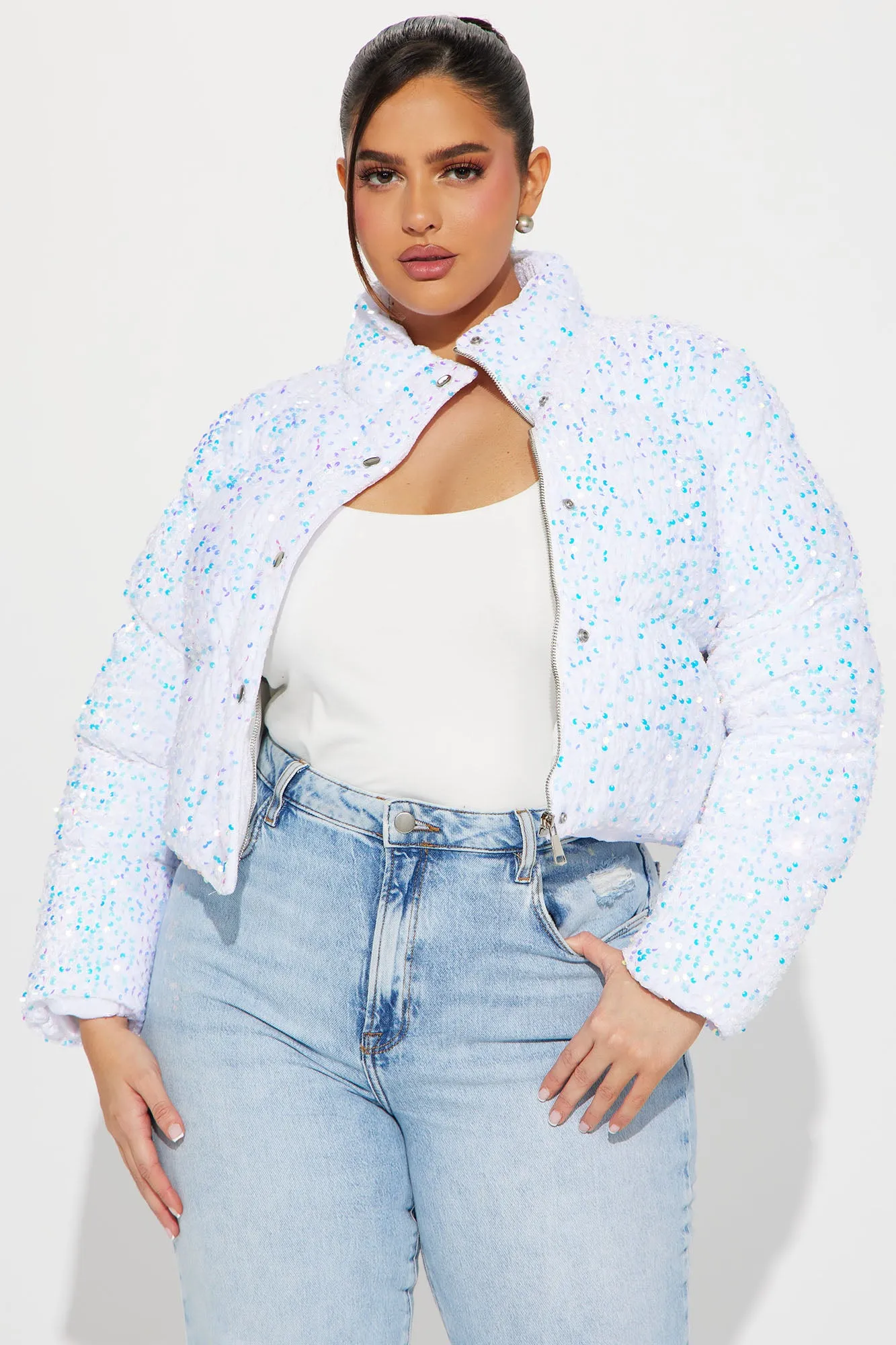 Allure Sequin Puffer Jacket - White