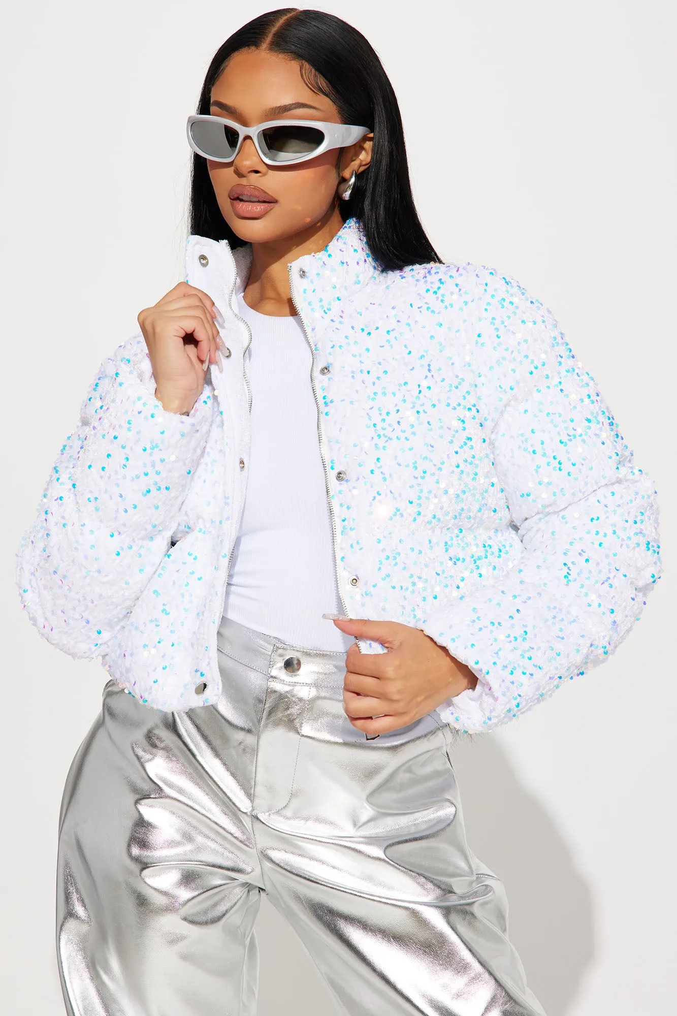 Allure Sequin Puffer Jacket - White