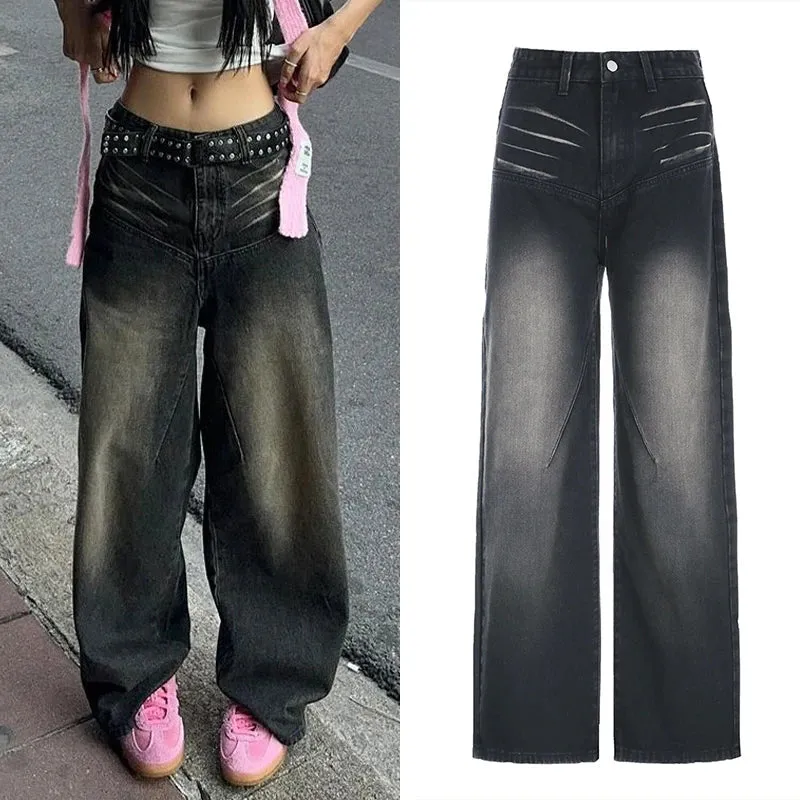 Amozae Y2K Street Baggy Jeans American Retro Fashion Loose Denim Pants Basic Grunge Low Waist Sweatpants Korean Women 2024