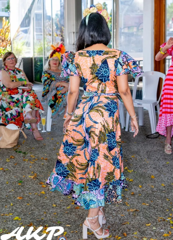 Ankara Sparkle Lara Wrap Dress (Blue & Orange) with Triple Frill Sleeve - Custom Design by SFH