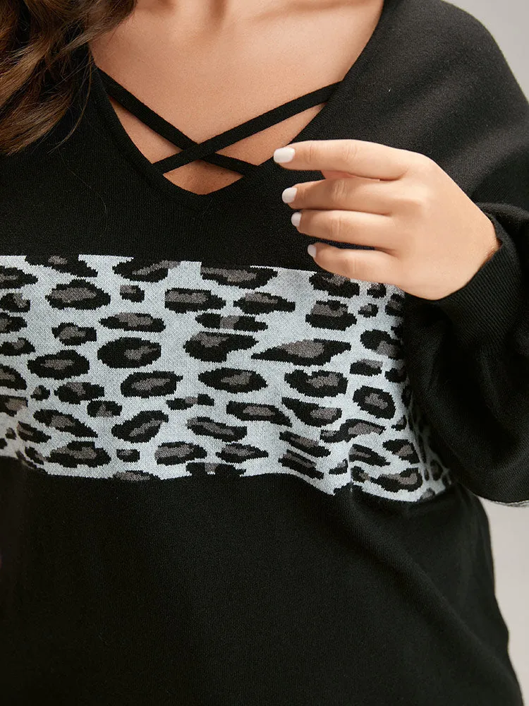 Anti-Pilling Leopard Patchwork Crisscross Neck Pullover