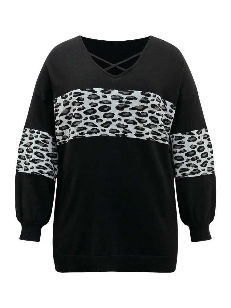 Anti-Pilling Leopard Patchwork Crisscross Neck Pullover