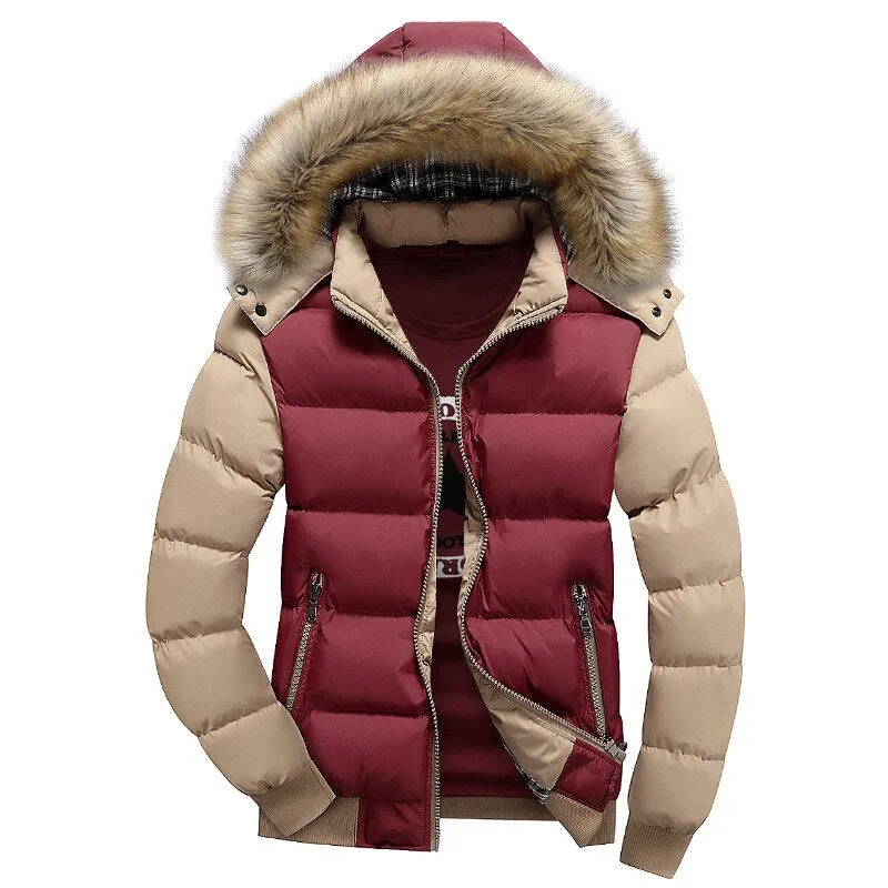 Ashore Shop Winter Mens Jacket with Faux Fur Collar Casual Patchwork Cotton Padded Hooded Parkas Coat men jackets brand clothing M-4XL