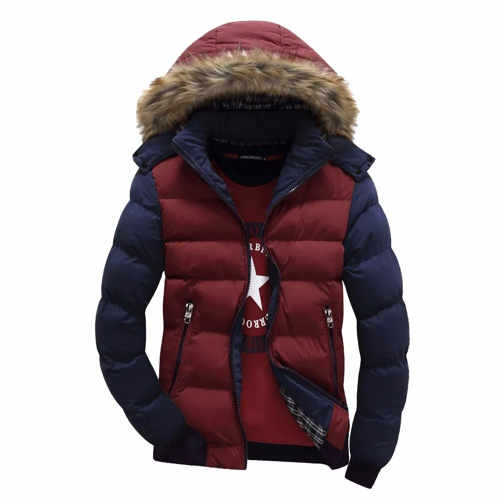 Ashore Shop Winter Mens Jacket with Faux Fur Collar Casual Patchwork Cotton Padded Hooded Parkas Coat men jackets brand clothing M-4XL