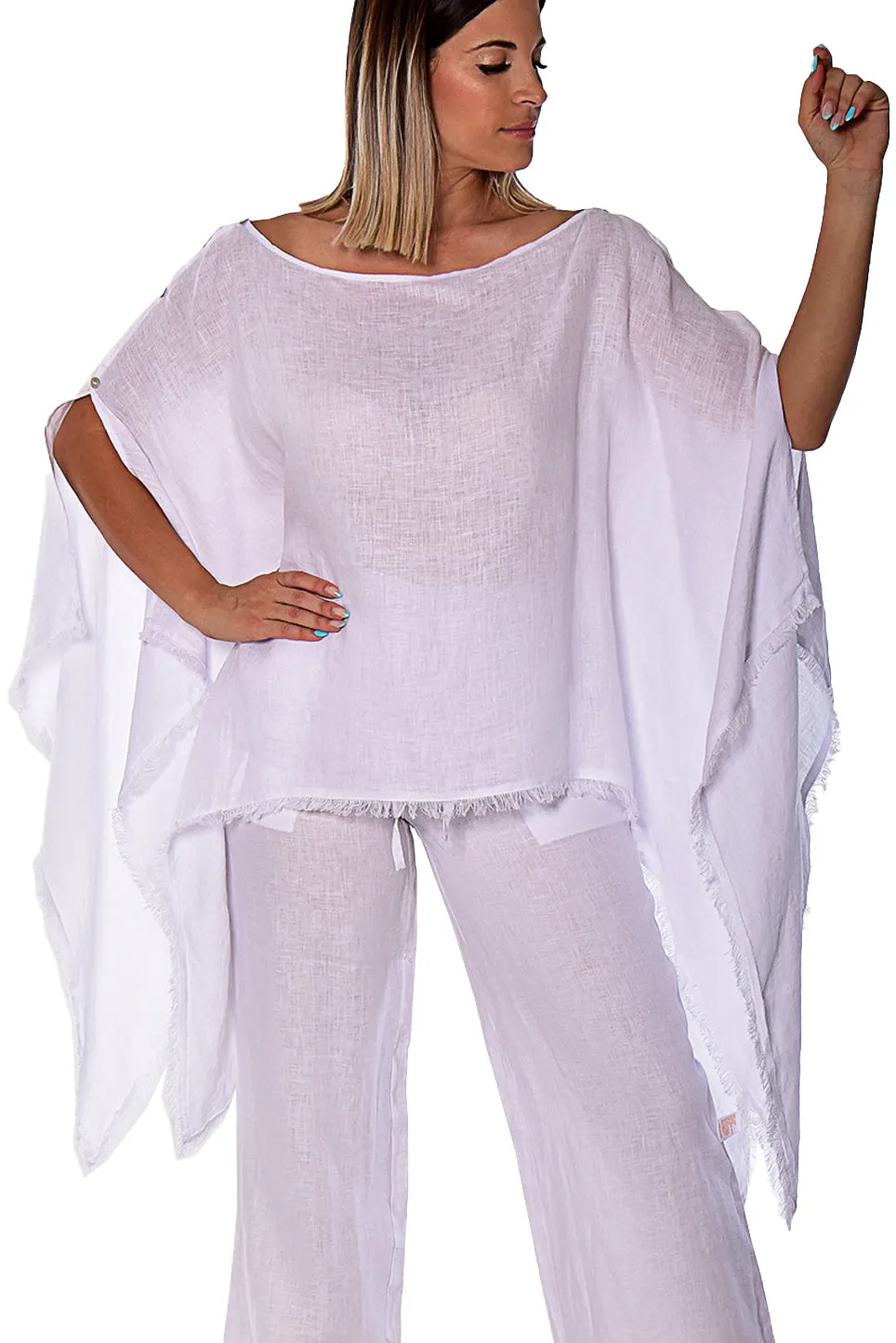 Azucar Ladies Loose Linen Poncho with Fringe - LLWB2081