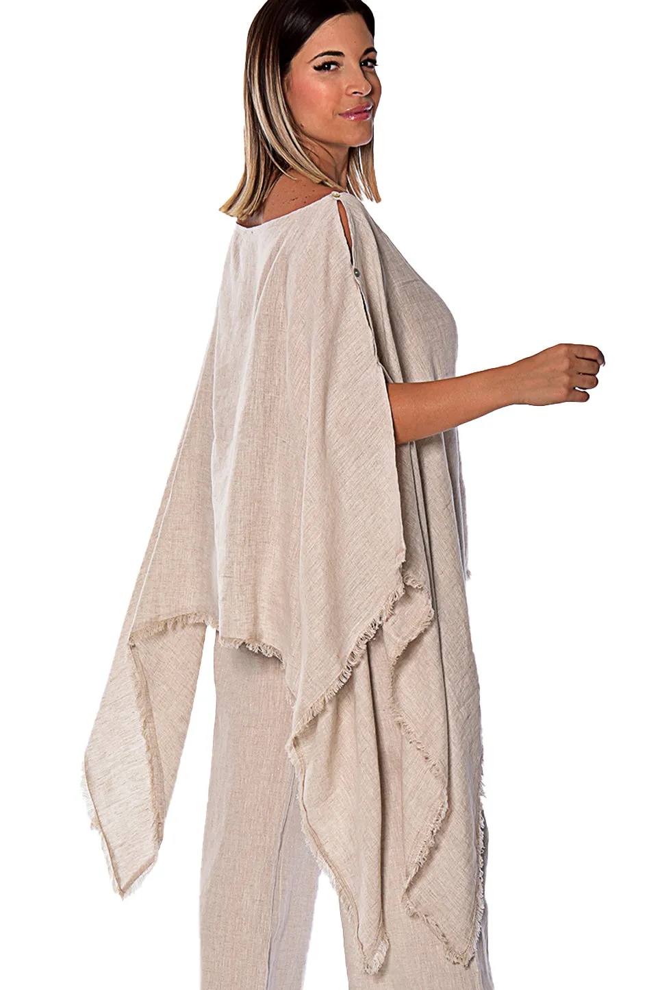 Azucar Ladies Loose Linen Poncho with Fringe - LLWB2081