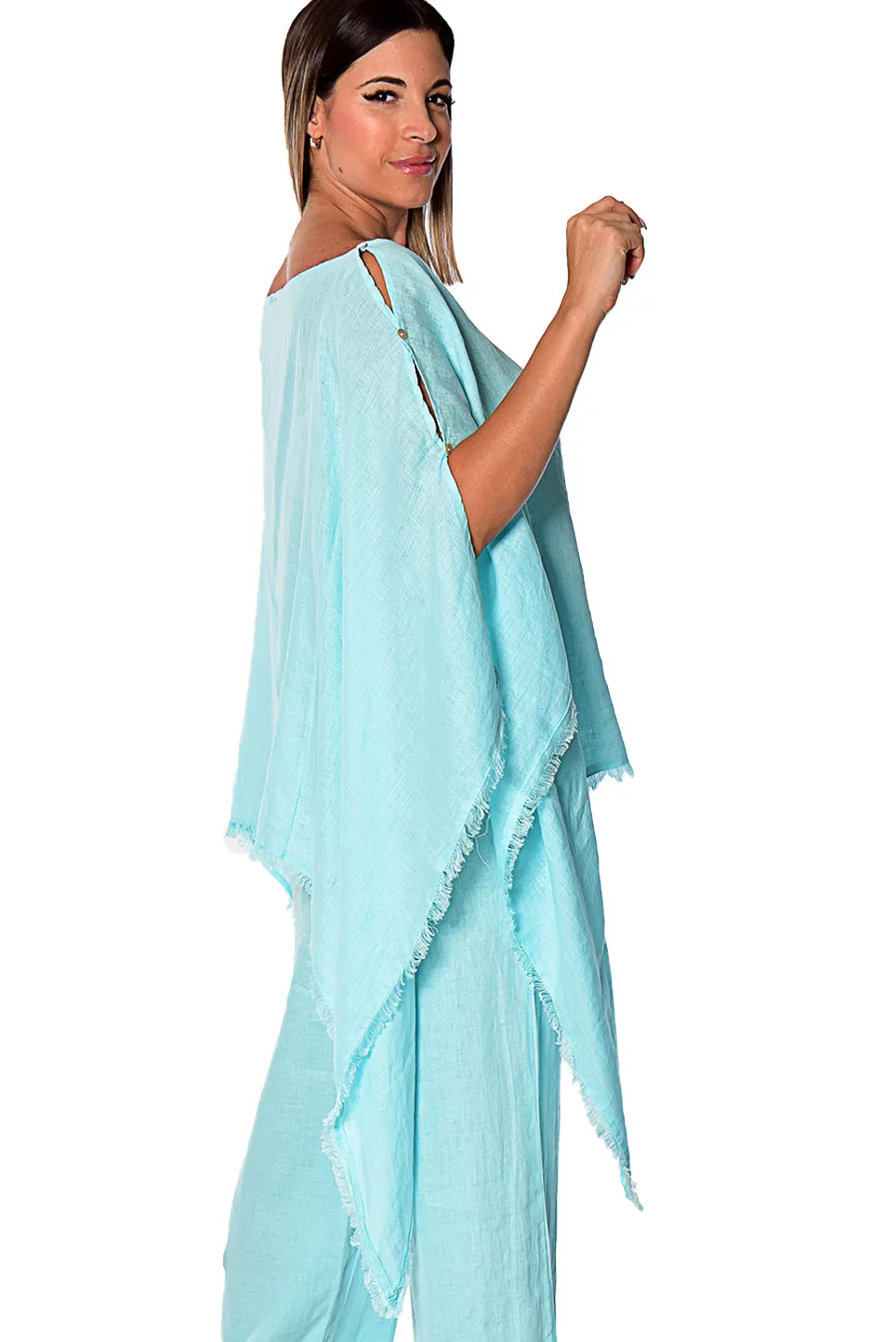 Azucar Ladies Loose Linen Poncho with Fringe - LLWB2081