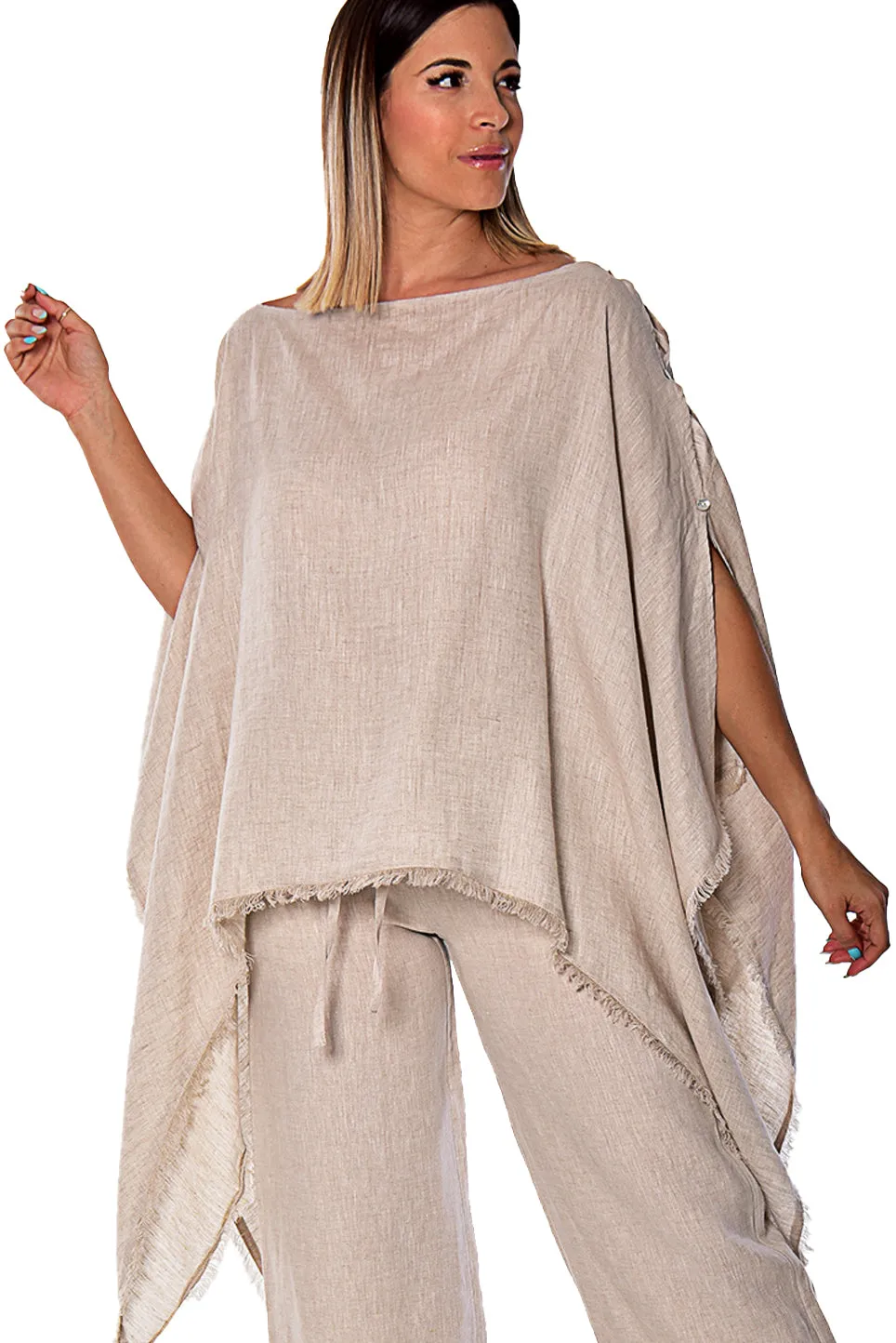 Azucar Ladies Loose Linen Poncho with Fringe - LLWB2081