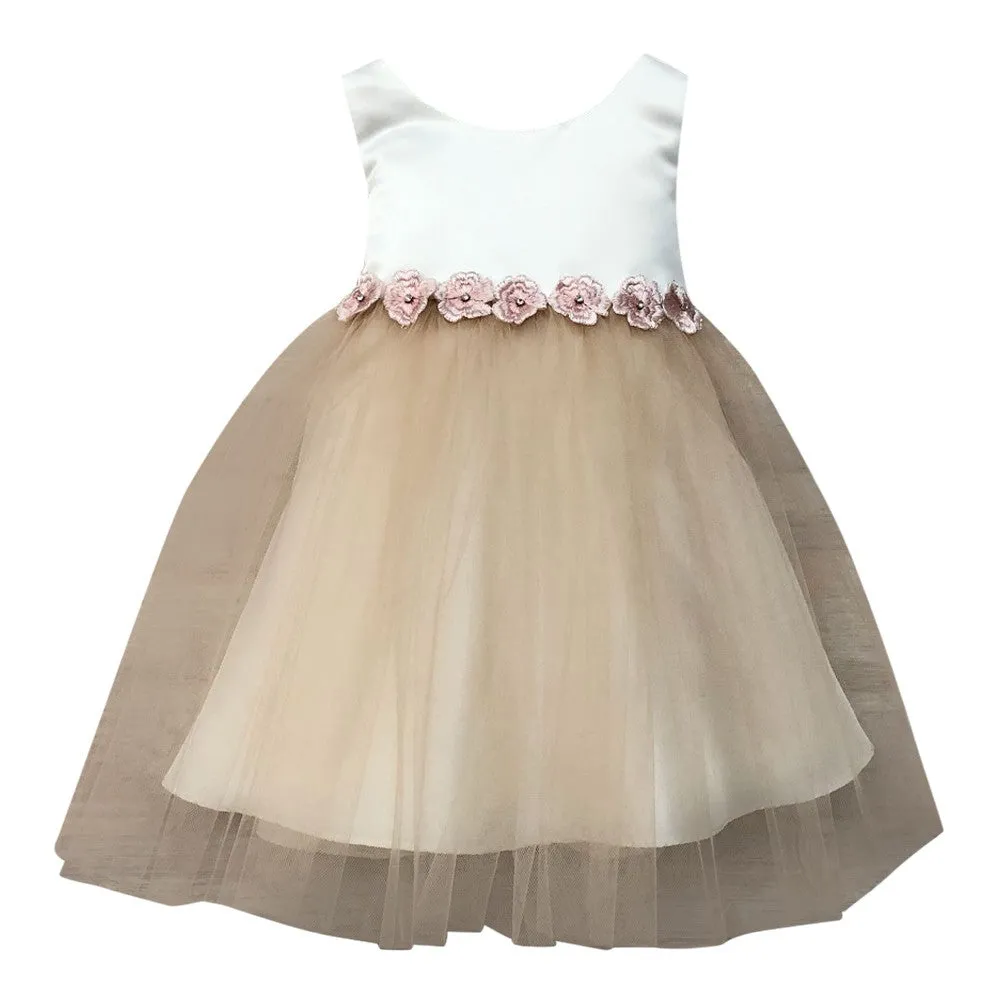 Baby Girls Champagne Satin Tulle Tea Length Flower Girl Dress 6-24M