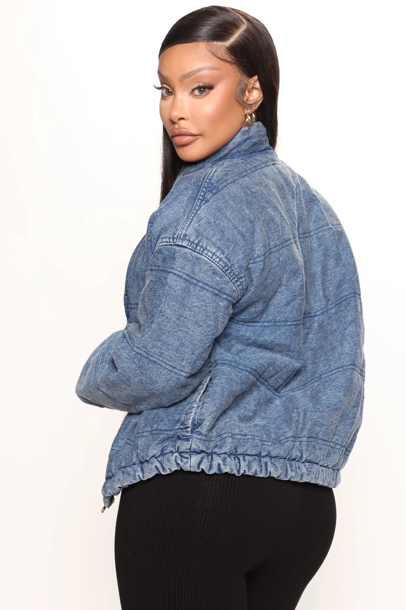 Basic Denim Puffer Jacket - Medium Blue Wash