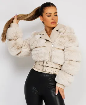 Beige Faux Fur Vegan Leather Belted Biker Jacket