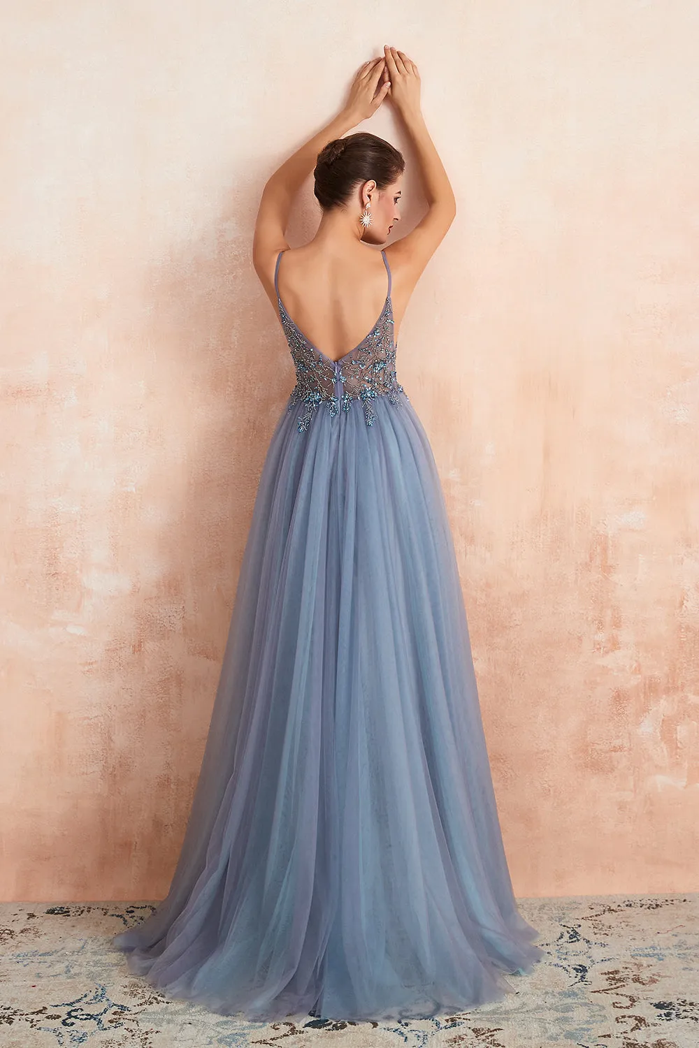 Best Long A-line V-neck Sleeveless Tulle Prom Dress with Slit