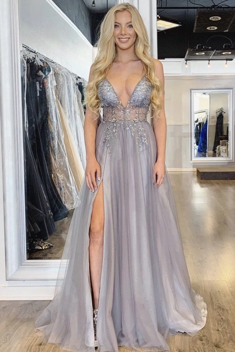 Best Long A-line V-neck Sleeveless Tulle Prom Dress with Slit