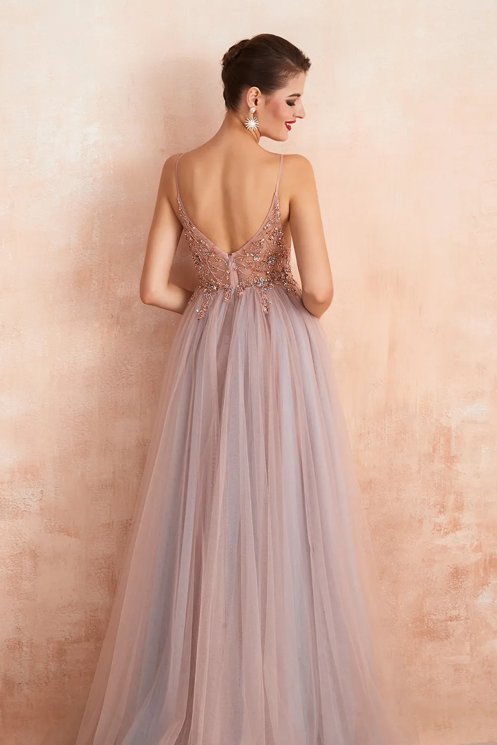 Best Long A-line V-neck Sleeveless Tulle Prom Dress with Slit