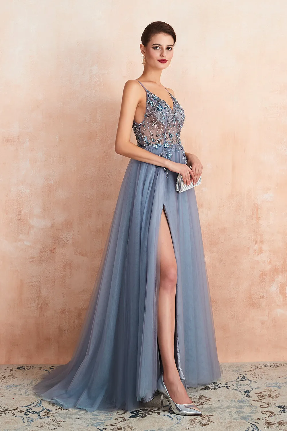 Best Long A-line V-neck Sleeveless Tulle Prom Dress with Slit