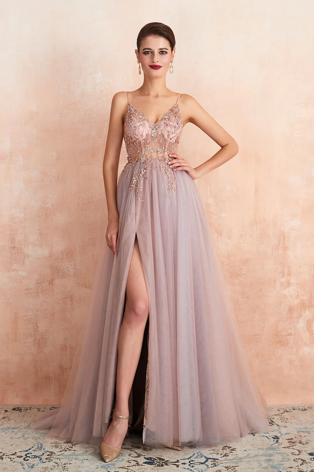 Best Long A-line V-neck Sleeveless Tulle Prom Dress with Slit