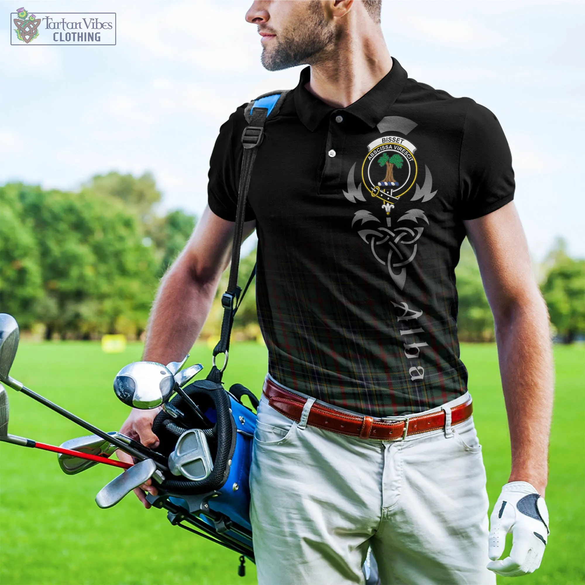 Bisset Tartan Polo Shirt Featuring Alba Gu Brath Family Crest Celtic Inspired