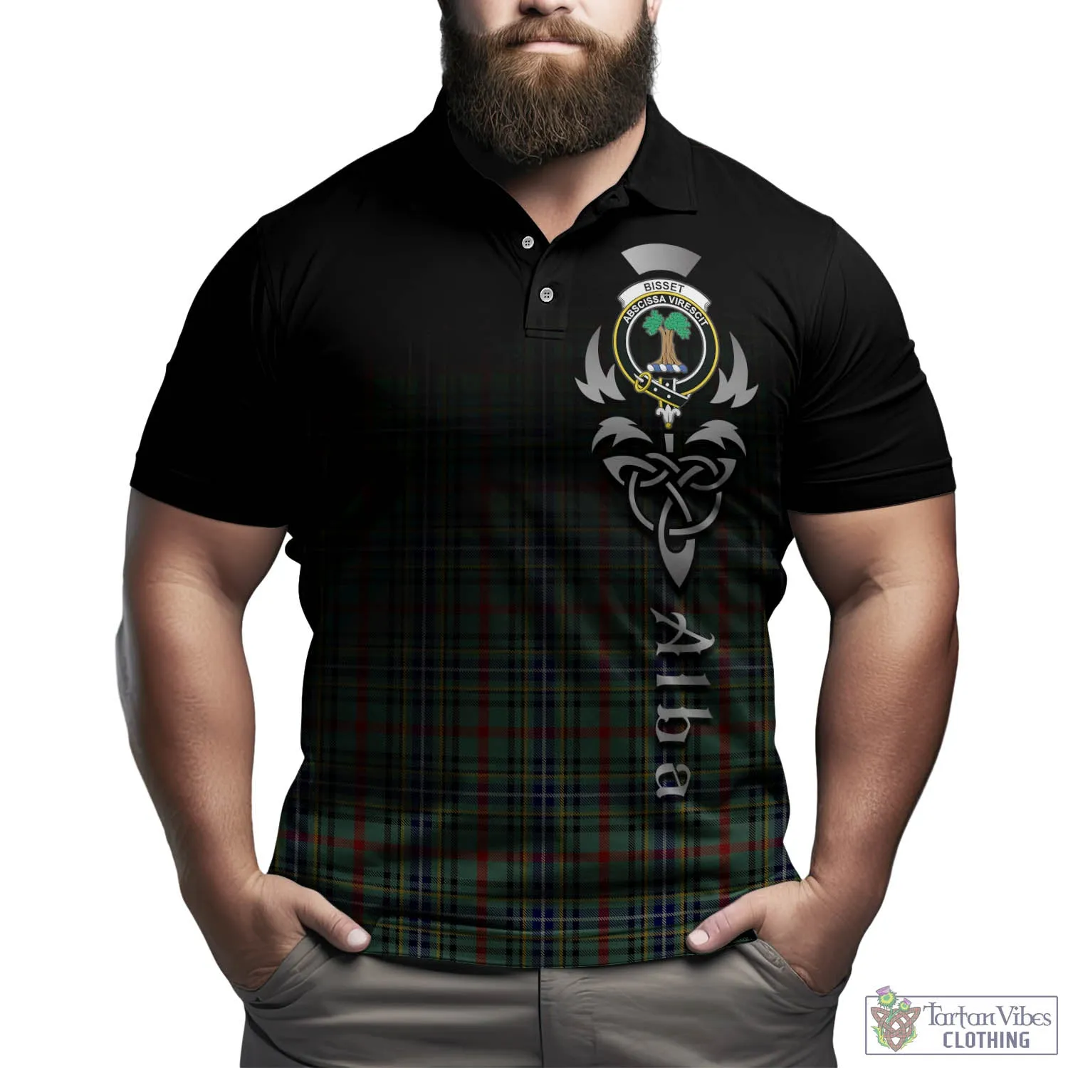 Bisset Tartan Polo Shirt Featuring Alba Gu Brath Family Crest Celtic Inspired