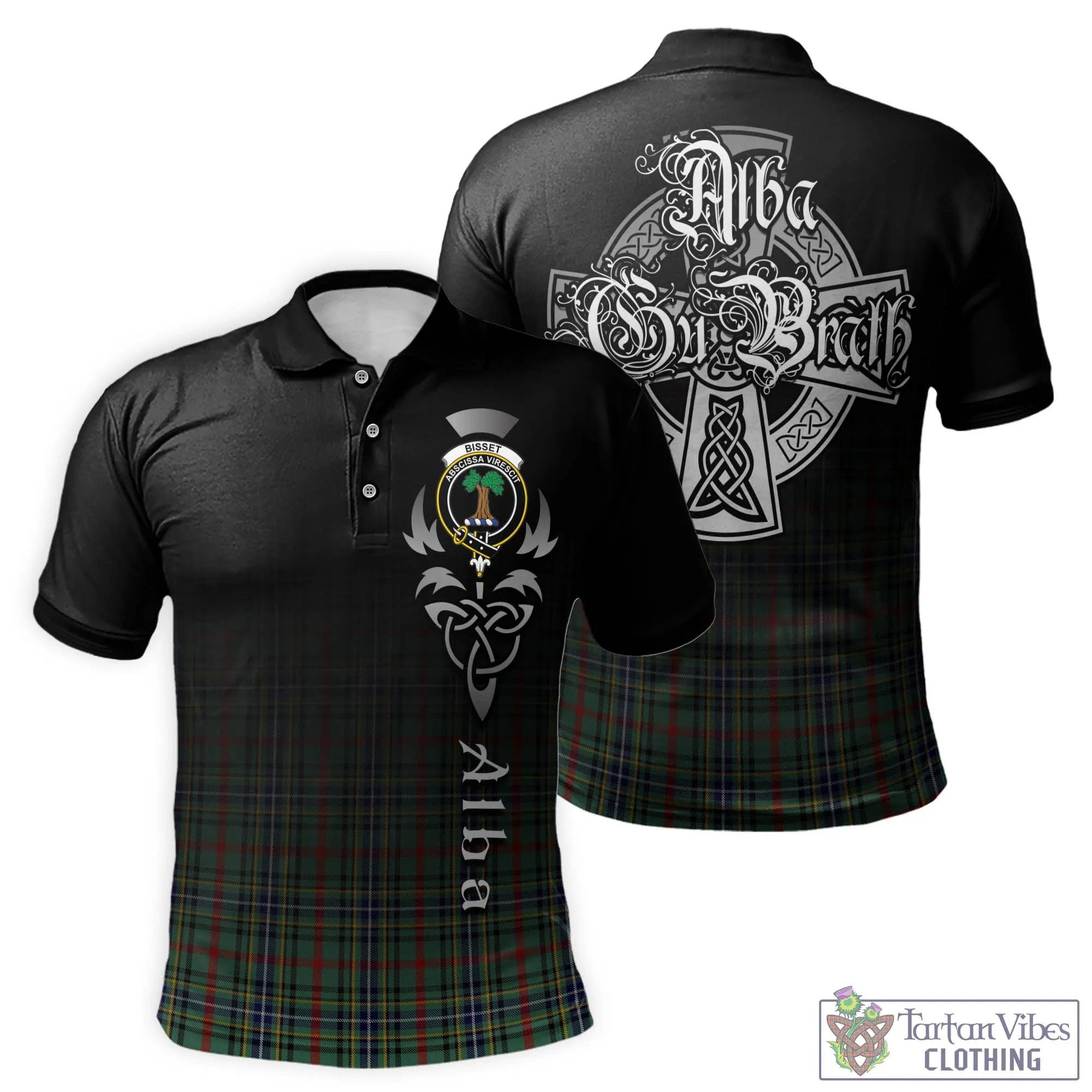 Bisset Tartan Polo Shirt Featuring Alba Gu Brath Family Crest Celtic Inspired