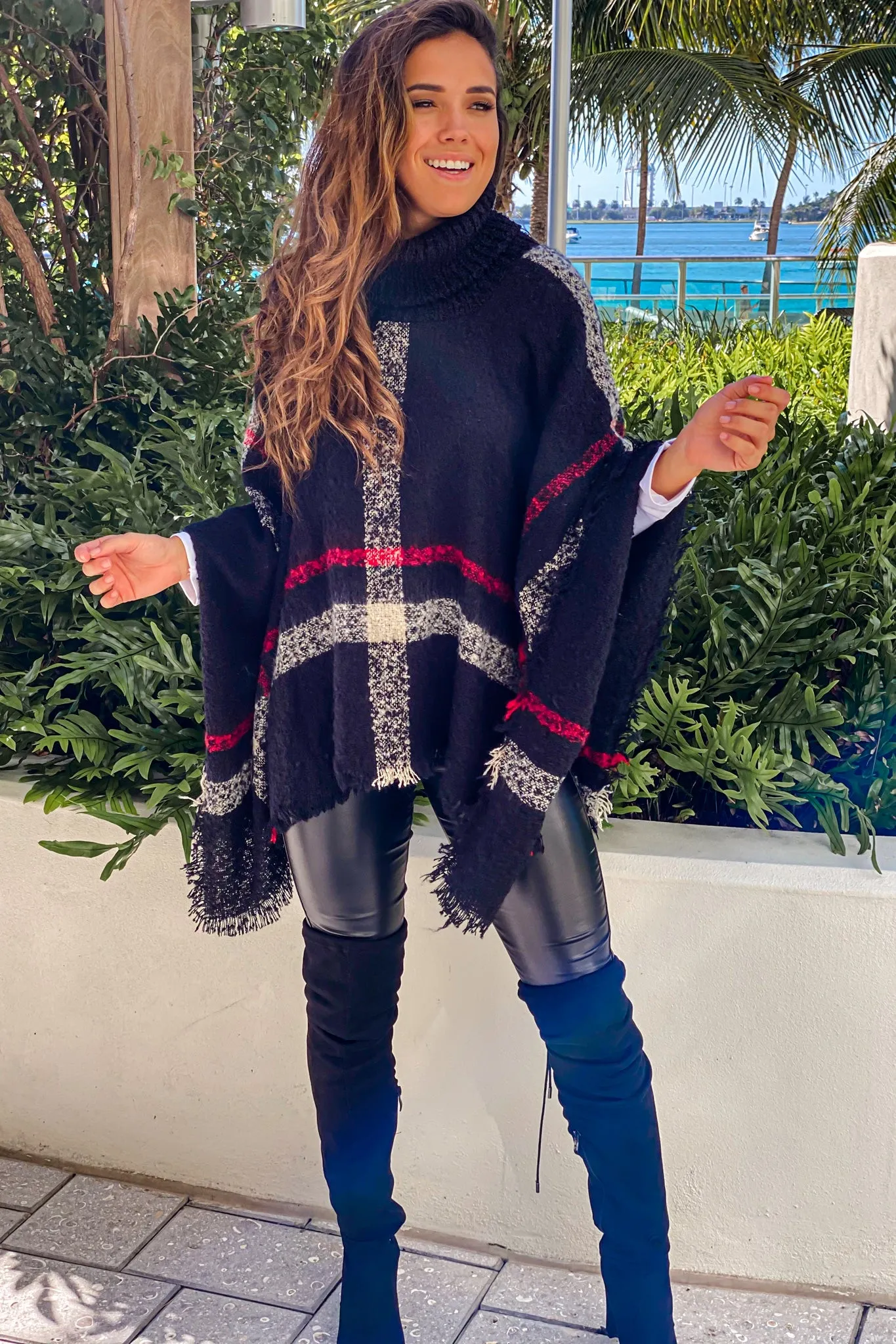 Black Plaid Turtleneck Poncho