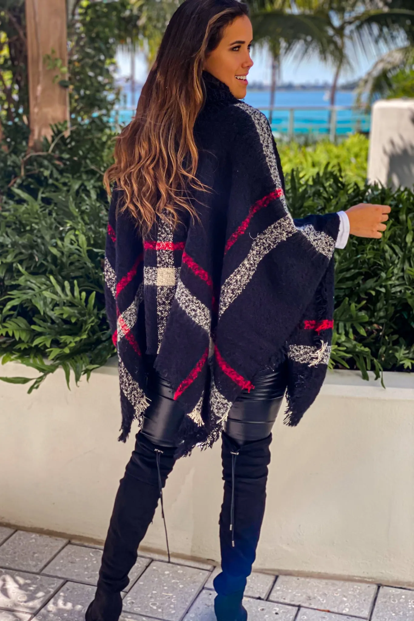 Black Plaid Turtleneck Poncho