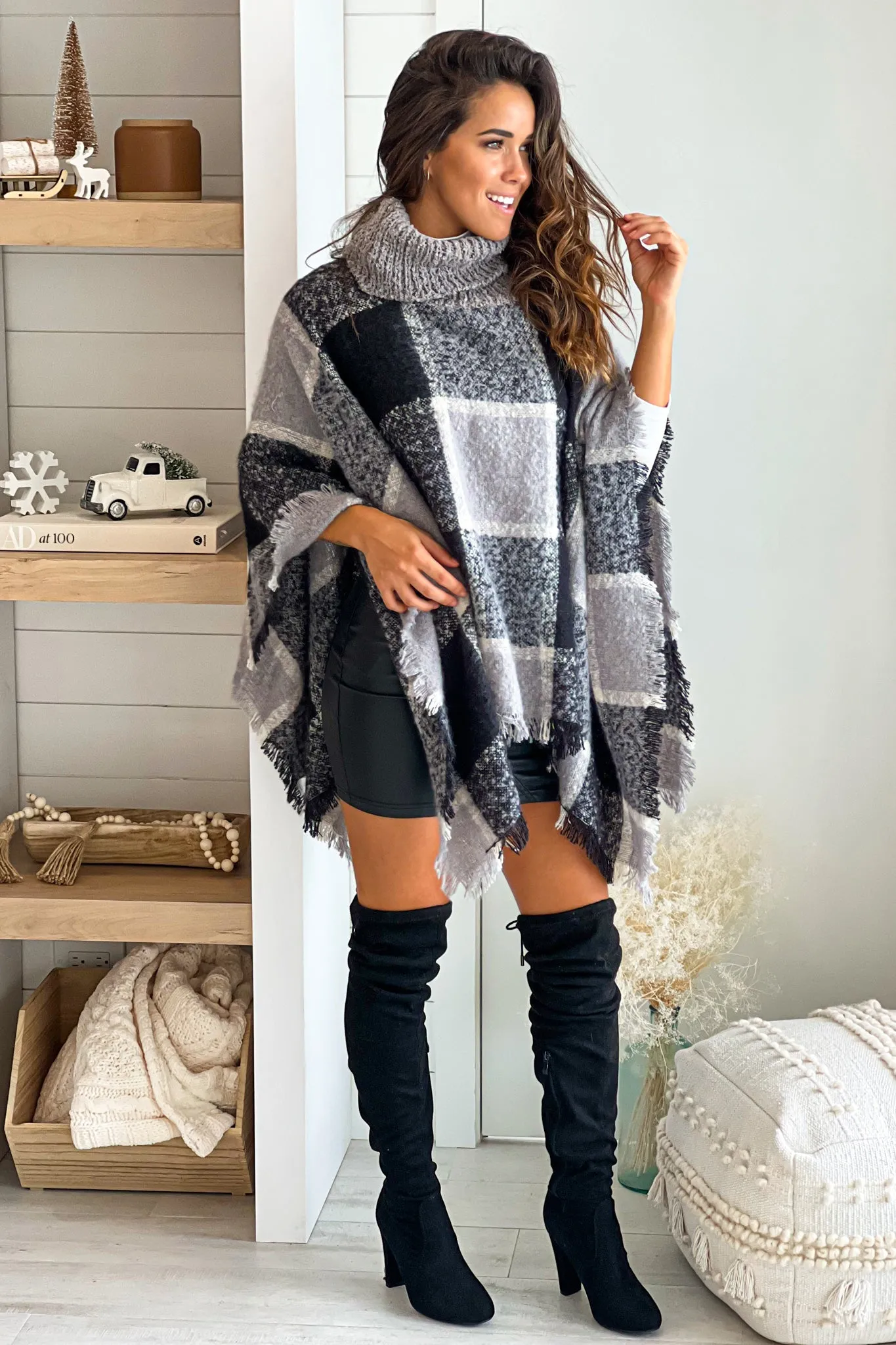 Black Turtle Neck Frayed Edge Plaid Poncho