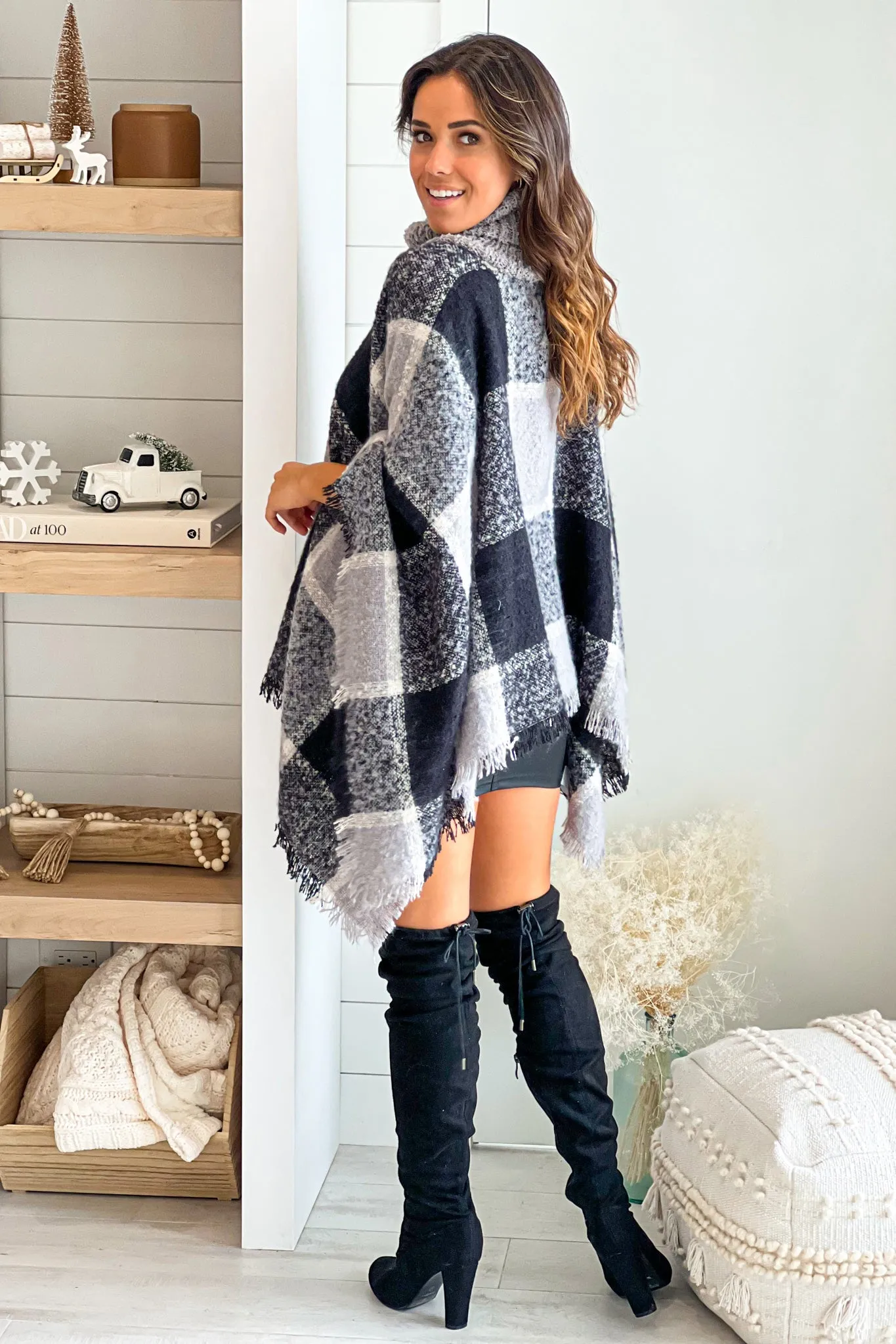 Black Turtle Neck Frayed Edge Plaid Poncho