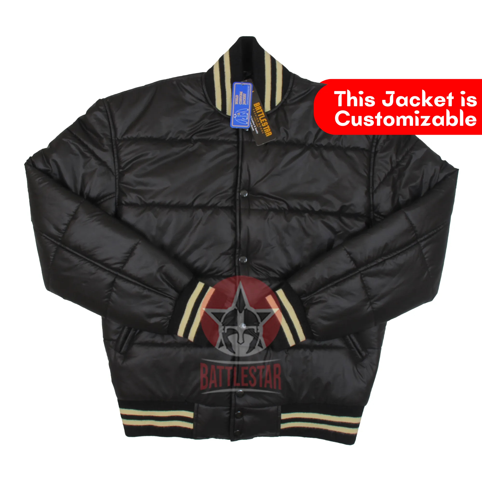 Black Unisex Lightweight Puffer Varsity Baseball Jacket